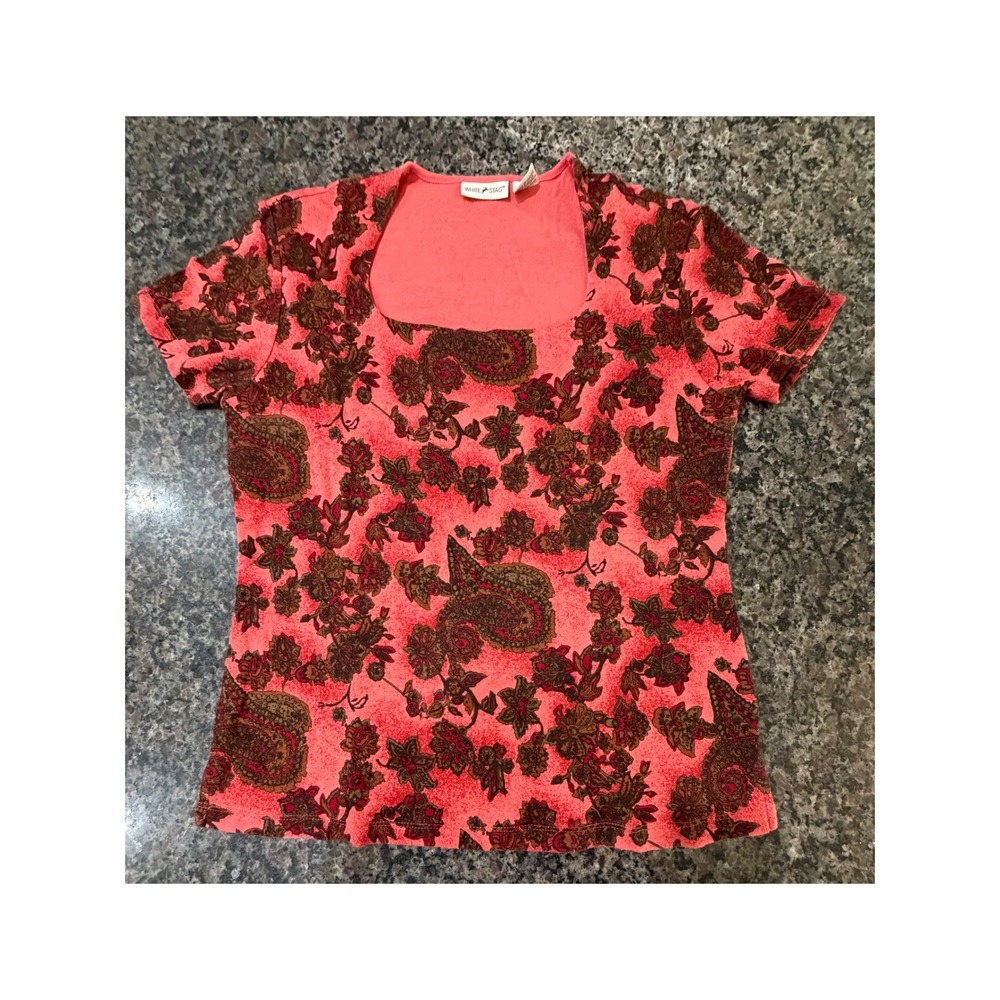 White Stag Womens Mango Print Paisley Floral Square Neck Cotton T-Shirt Large